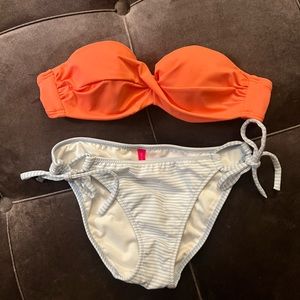 Victoria’s Secret Coral Bandeau/Blue & White Stripped Bikini Set 32A & Sm /NWOT